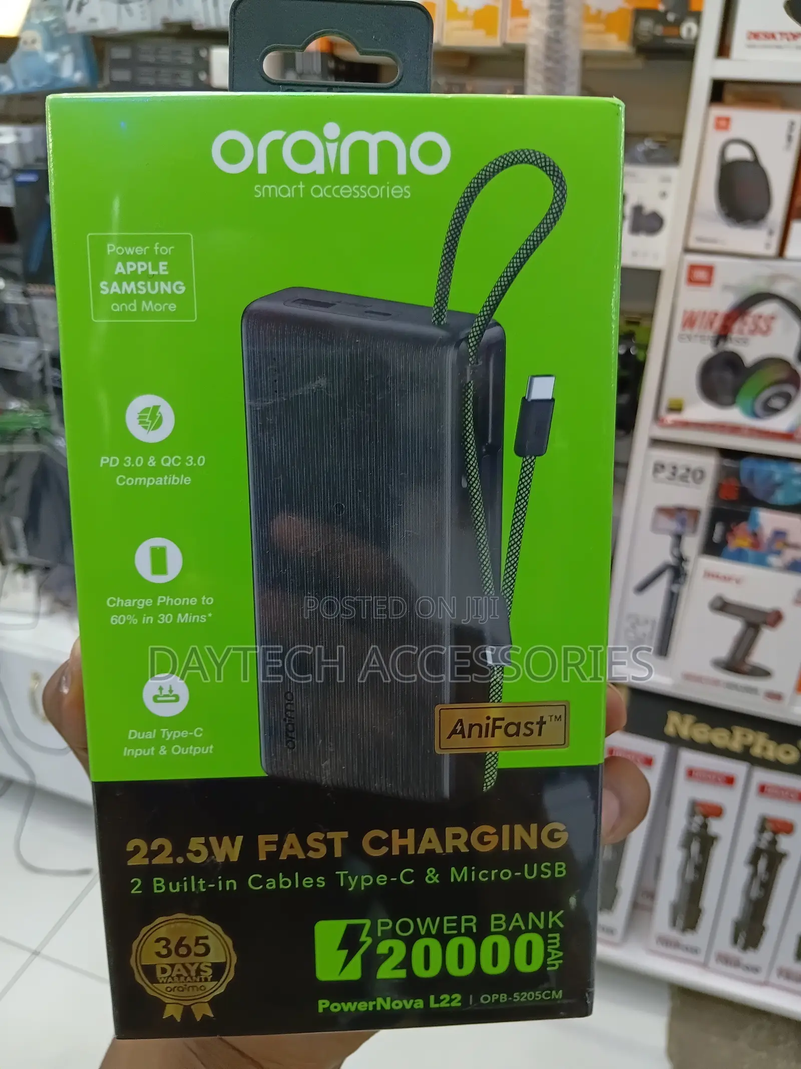 Oraimo PowerNova L2220,000mAh 22.5W Fast Charging and Built-in Cables.