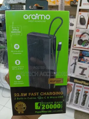 Oraimo PowerNova L2220,000mAh 22.5W Fast Charging and Built-in Cables.