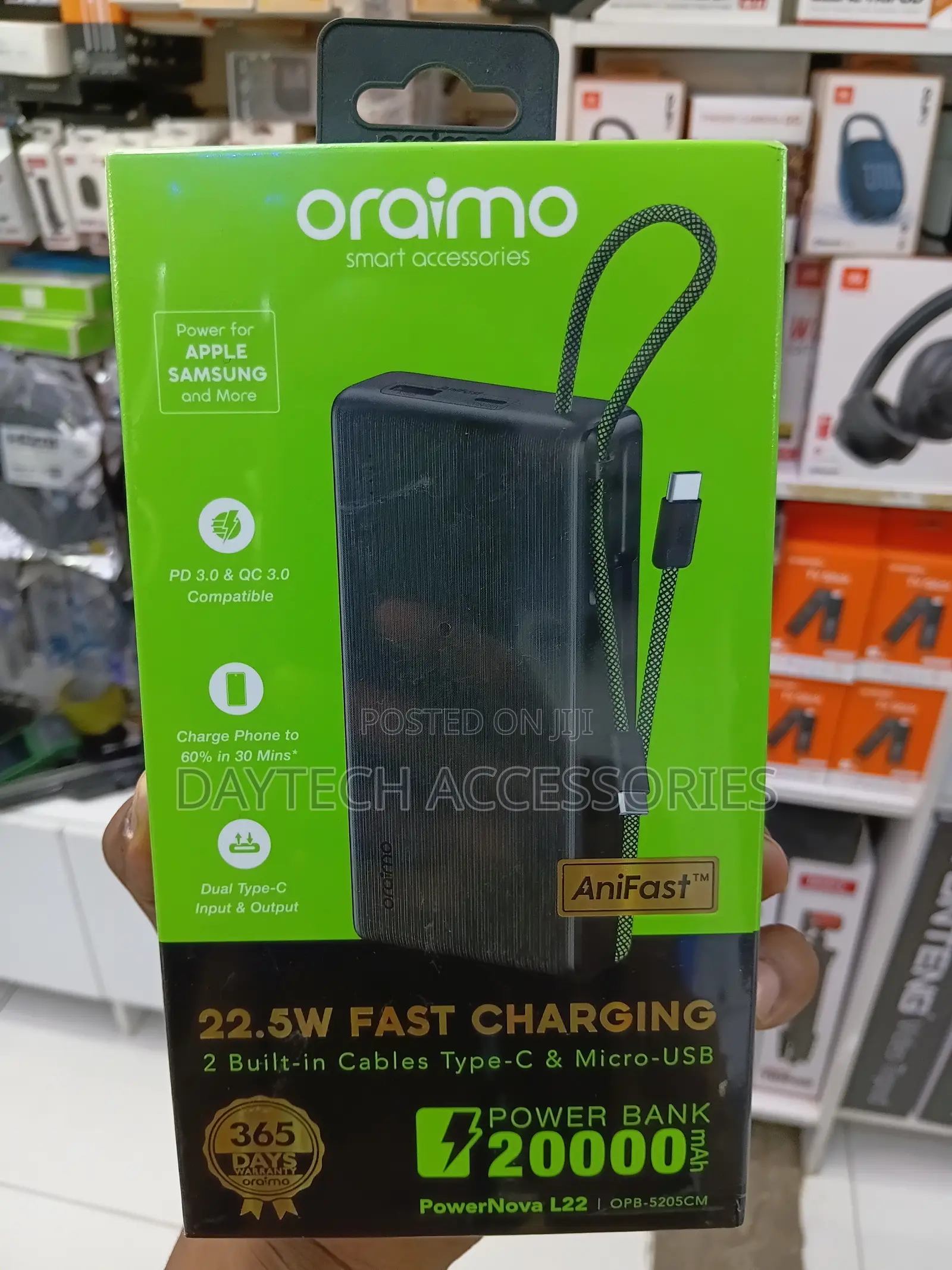 Oraimo PowerNova L2220,000mAh 22.5W Fast Charging and Built-in Cables.