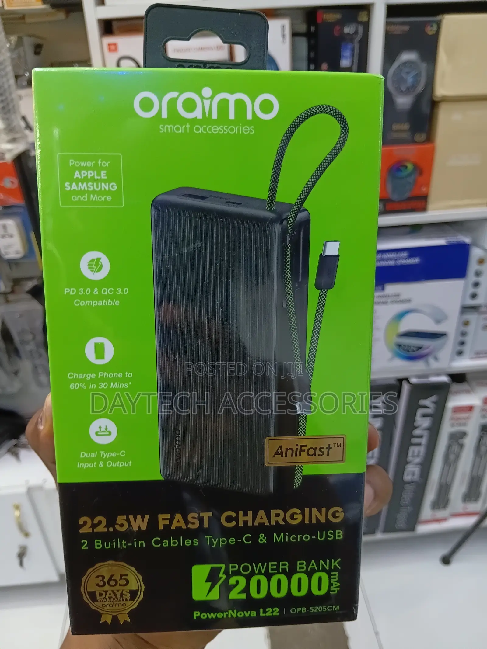 Oraimo PowerNova L2220,000mAh 22.5W Fast Charging and Built-in Cables.