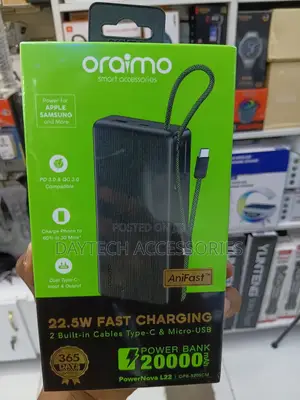 Oraimo PowerNova L2220,000mAh 22.5W Fast Charging and Built-in Cables.