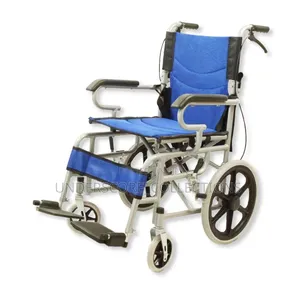 Economic Folding Manual Wheelchair With Blue Upholstery and Handbrakes