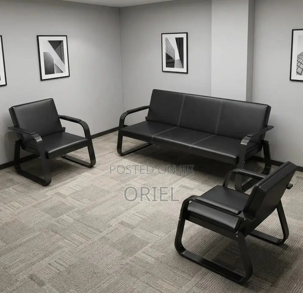 5-Seater Office Waiting Sofa : Black Leather Reception Sofa