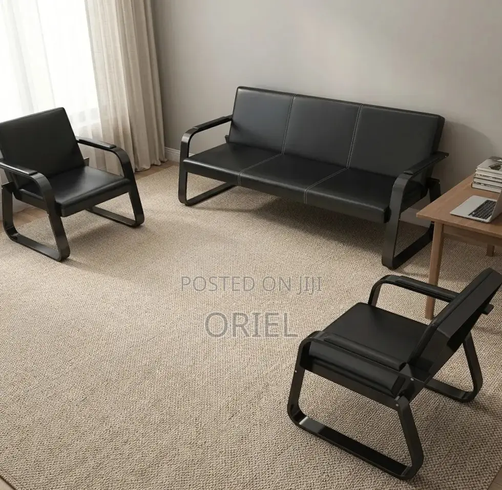5-Seater Office Waiting Sofa : Black Leather Reception Sofa