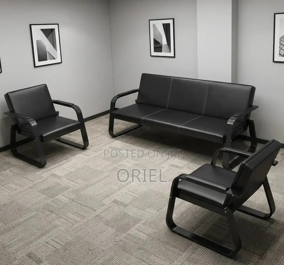 5-Seater Office Waiting Sofa : Black Leather Reception Sofa