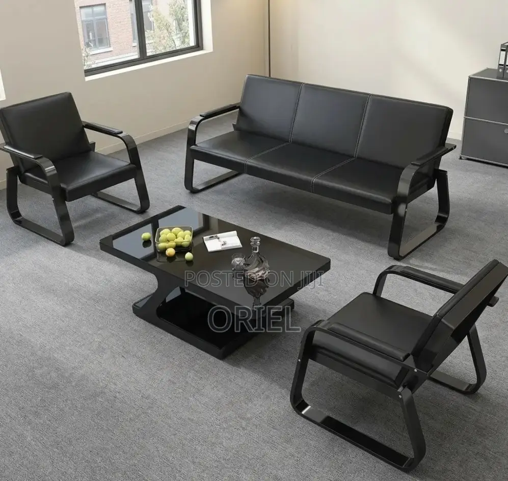 5-Seater Office Waiting Sofa : Black Leather Reception Sofa