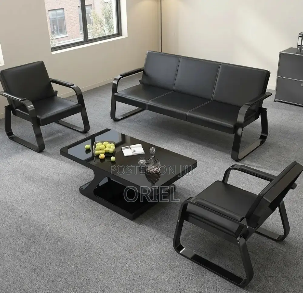 5-Seater Office Waiting Sofa : Black Leather Reception Sofa