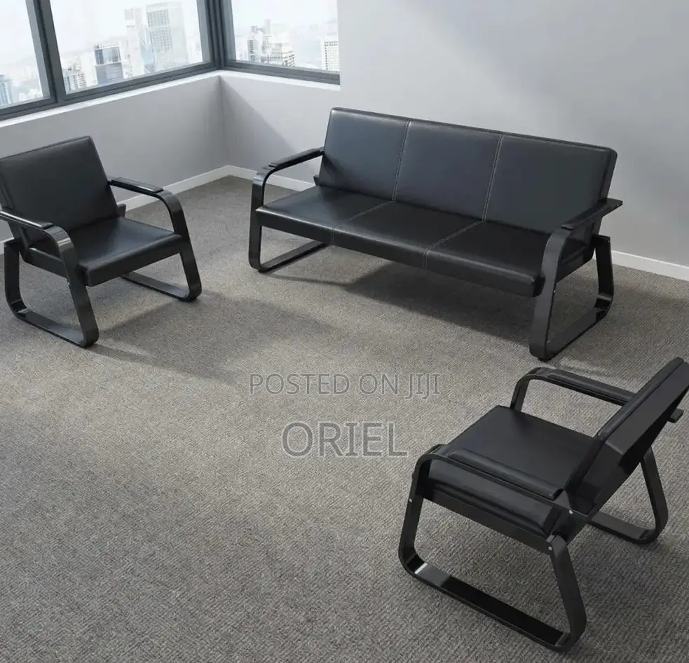 5-Seater Office Waiting Sofa : Black Leather Reception Sofa