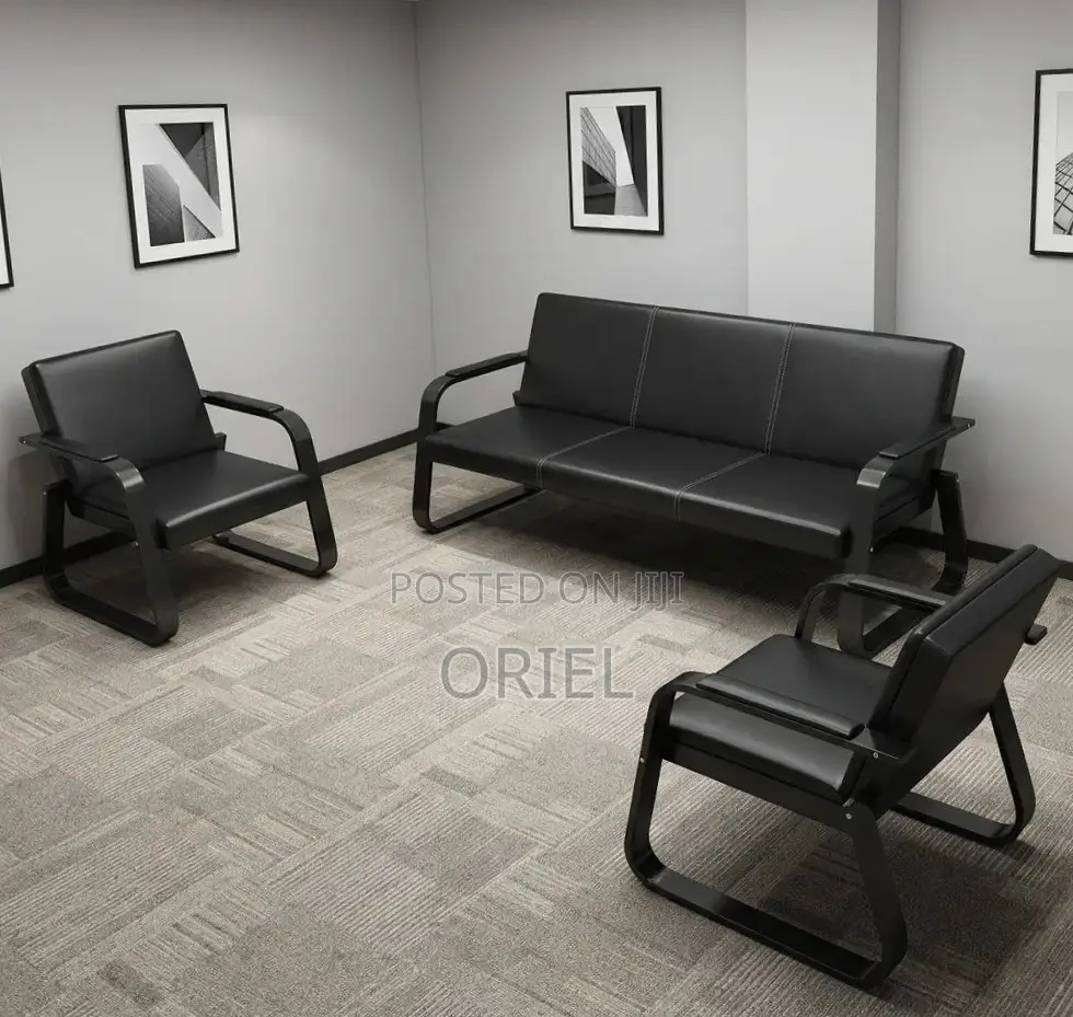 5-Seater Office Waiting Sofa : Black Leather Reception Sofa