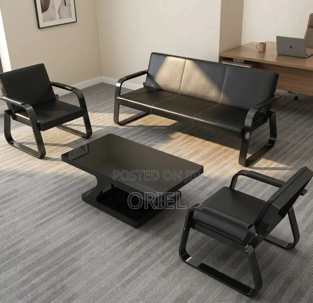 5-Seater Office Waiting Sofa : Black Leather Reception Sofa