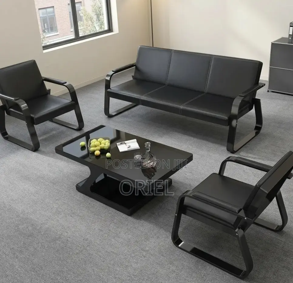 5-Seater Office Waiting Sofa : Black Leather Reception Sofa