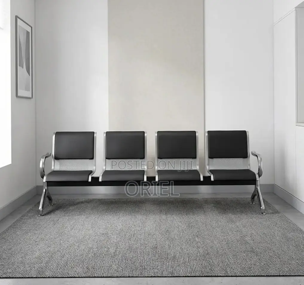 Office Bench : 4-Seater Waiting Black Leather Padded Office Bench