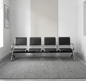 Office Bench : 4-Seater Waiting Black Leather Padded Office Bench