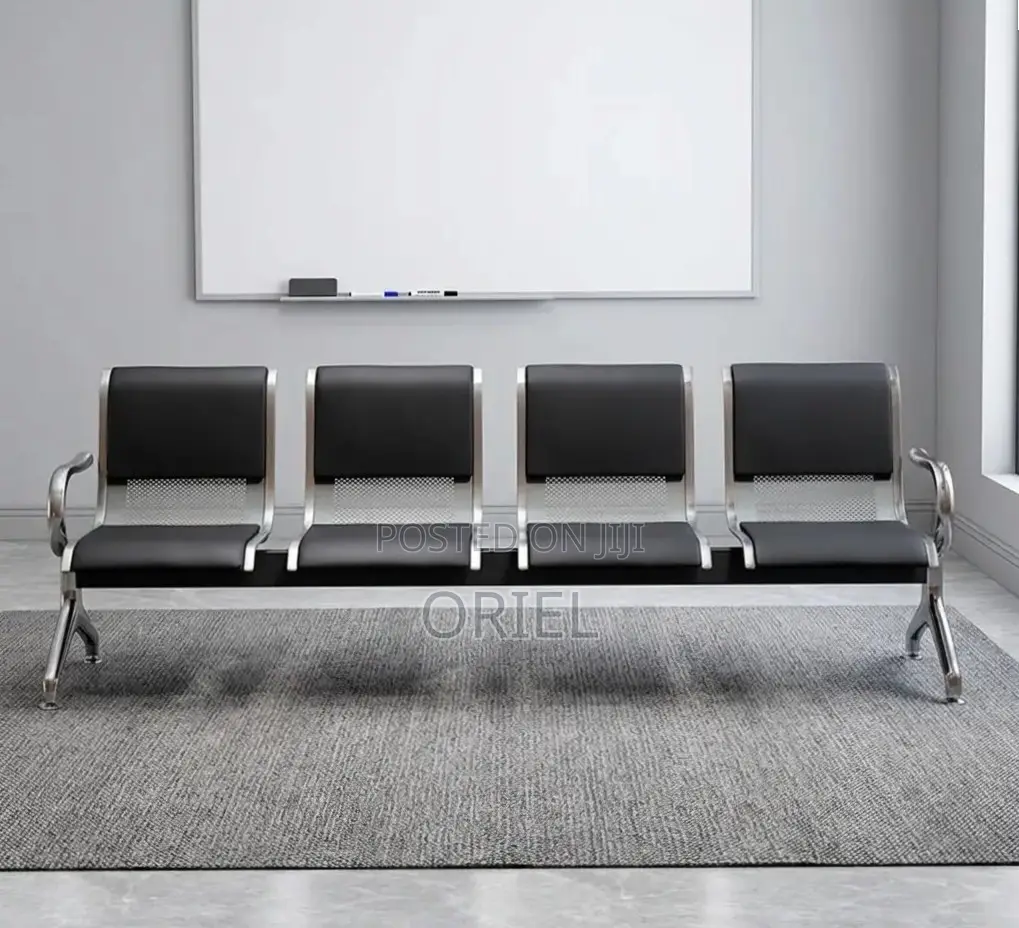 Office Bench : 4-Seater Waiting Black Leather Padded Office Bench