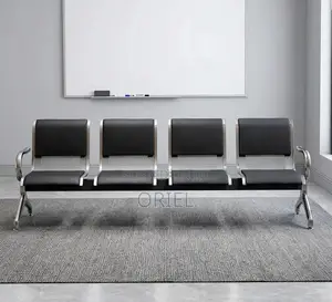 Office Bench : 4-Seater Waiting Black Leather Padded Office Bench