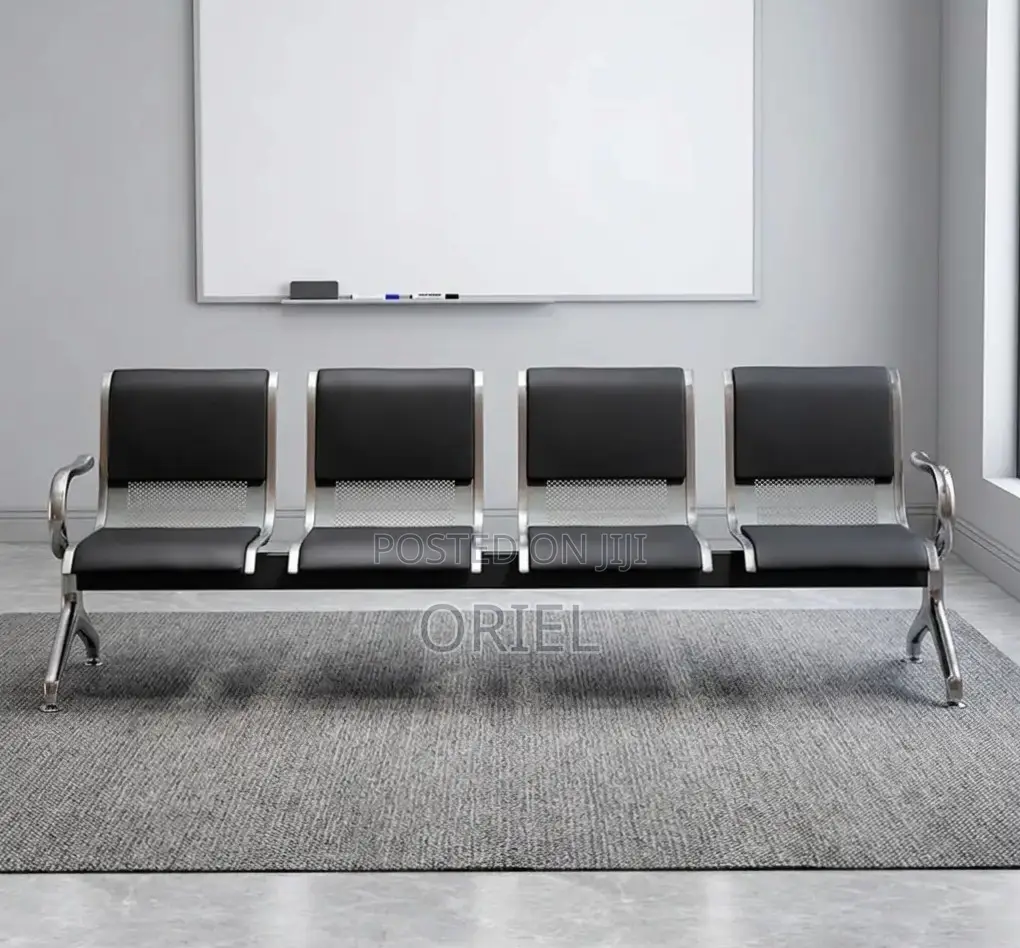 Office Bench : 4-Seater Waiting Black Leather Padded Office Bench