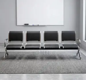 Office Bench : 4-Seater Waiting Black Leather Padded Office Bench