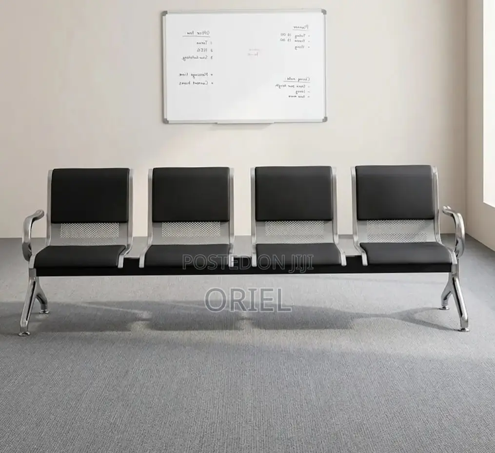 Office Bench : 4-Seater Waiting Black Leather Padded Office Bench