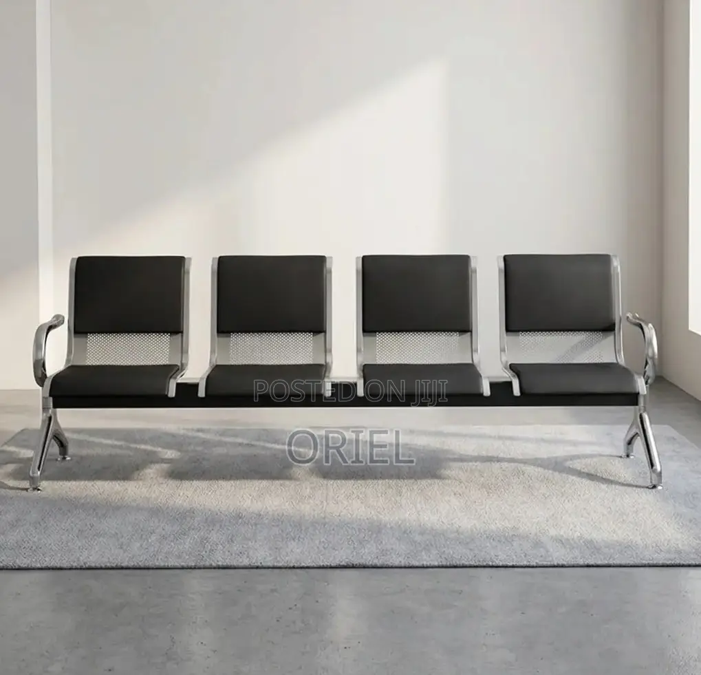 Office Bench : 4-Seater Waiting Black Leather Padded Office Bench