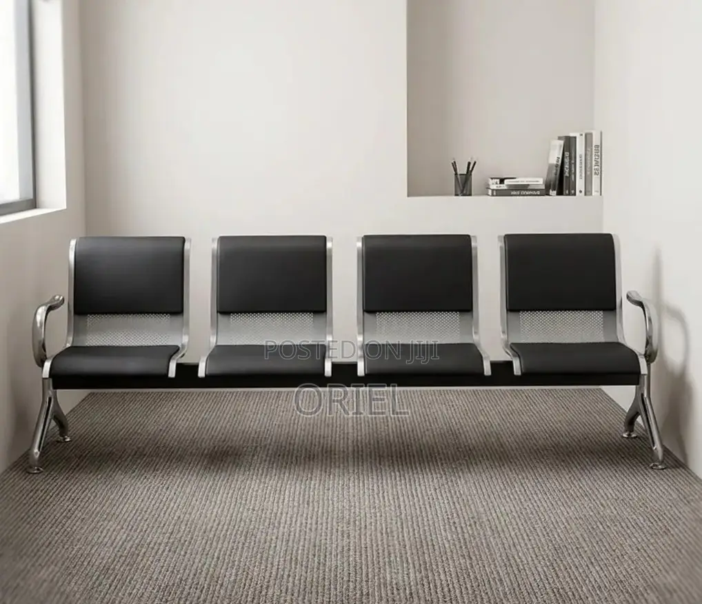 Office Bench : 4-Seater Waiting Black Leather Padded Office Bench