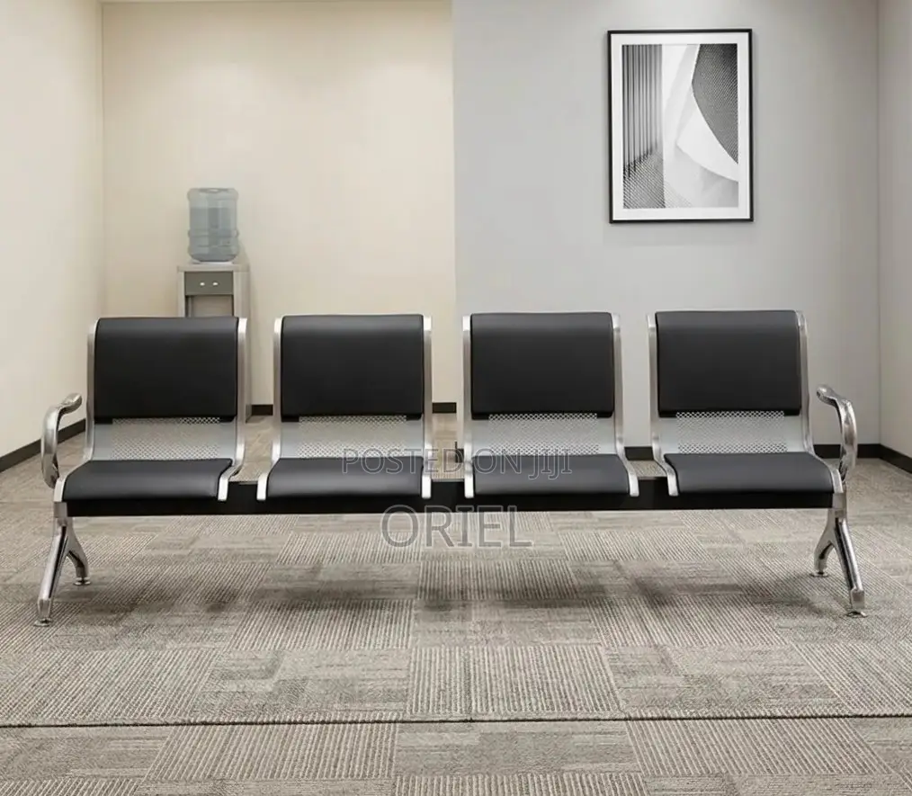 Office Bench : 4-Seater Waiting Black Leather Padded Office Bench