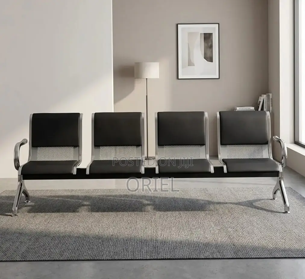 Office Bench : 4-Seater Waiting Black Leather Padded Office Bench