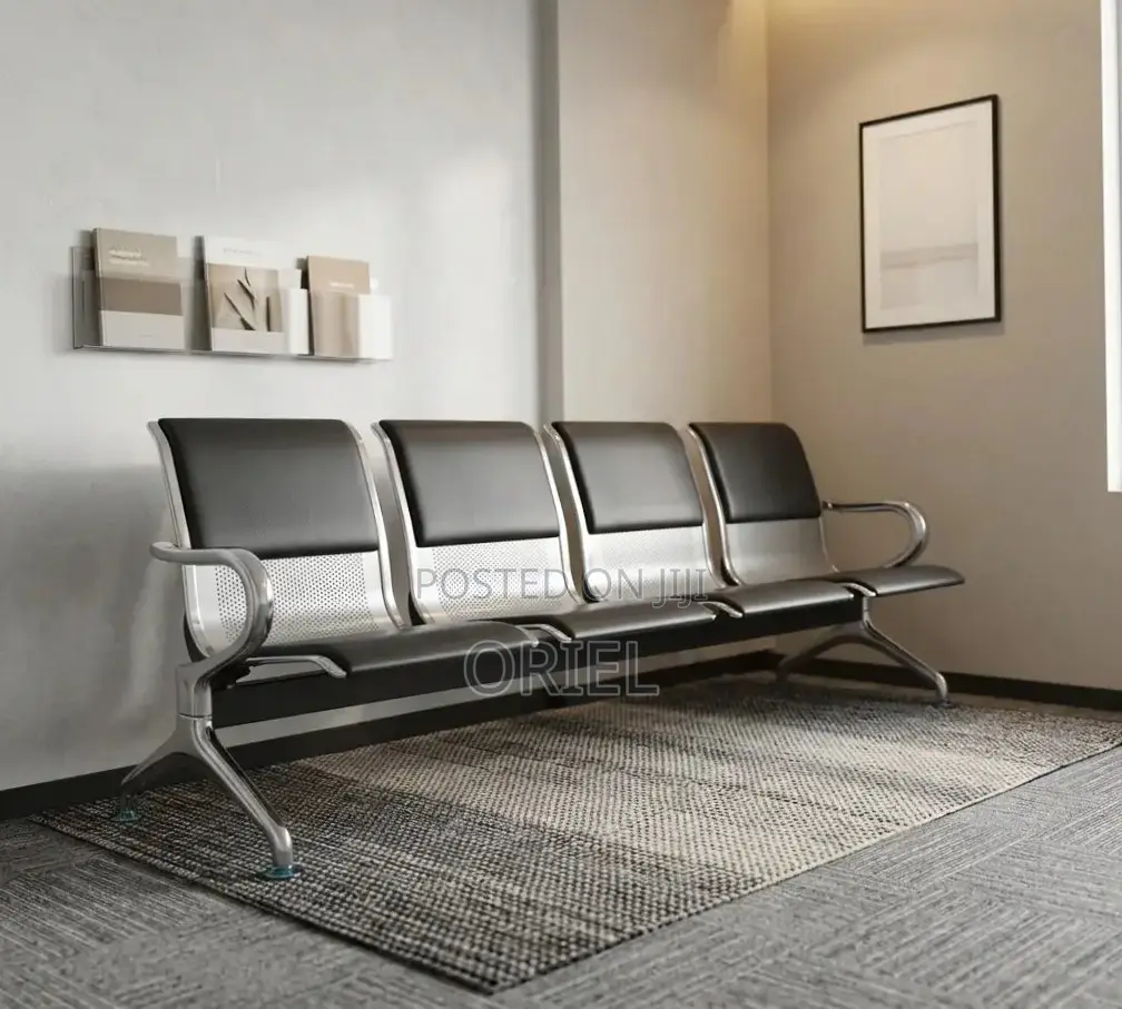 Office Bench : 4-Seater Waiting Black Leather Padded Office Bench