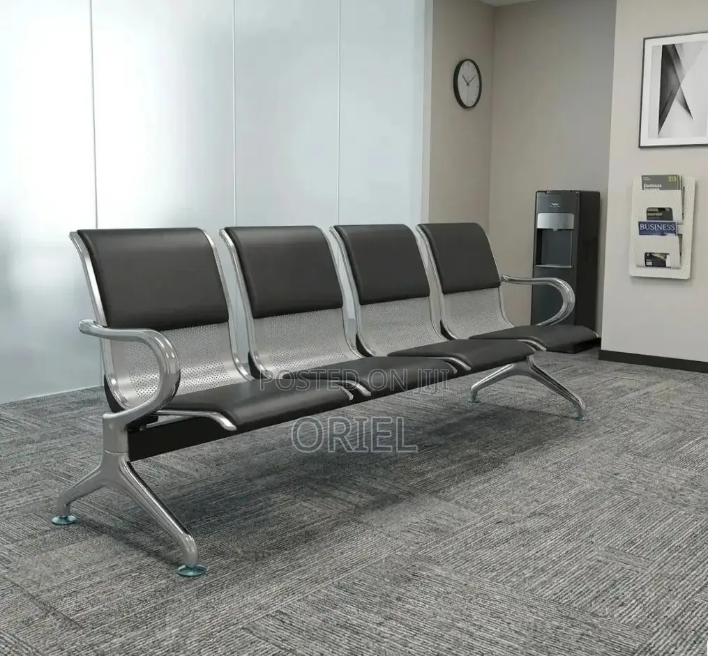 Office Bench : 4-Seater Waiting Black Leather Padded Office Bench