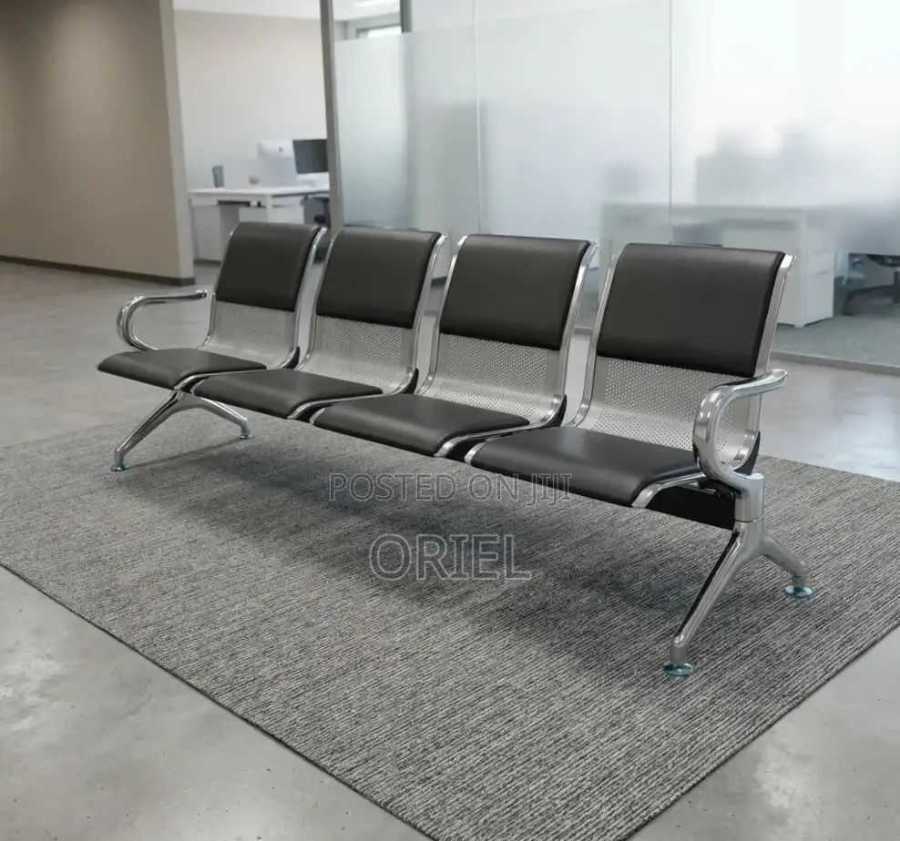 Office Bench : 4-Seater Waiting Black Leather Padded Office Bench