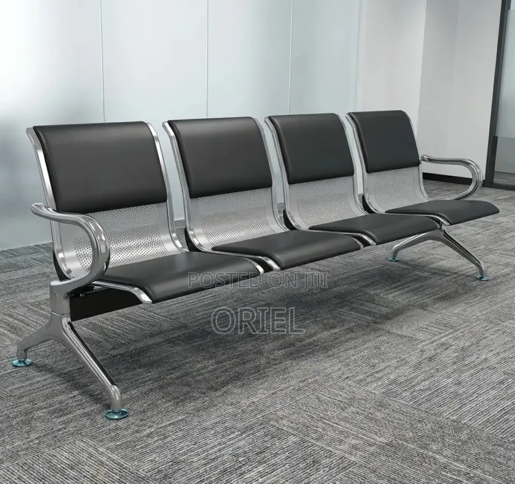 Office Bench : 4-Seater Waiting Black Leather Padded Office Bench