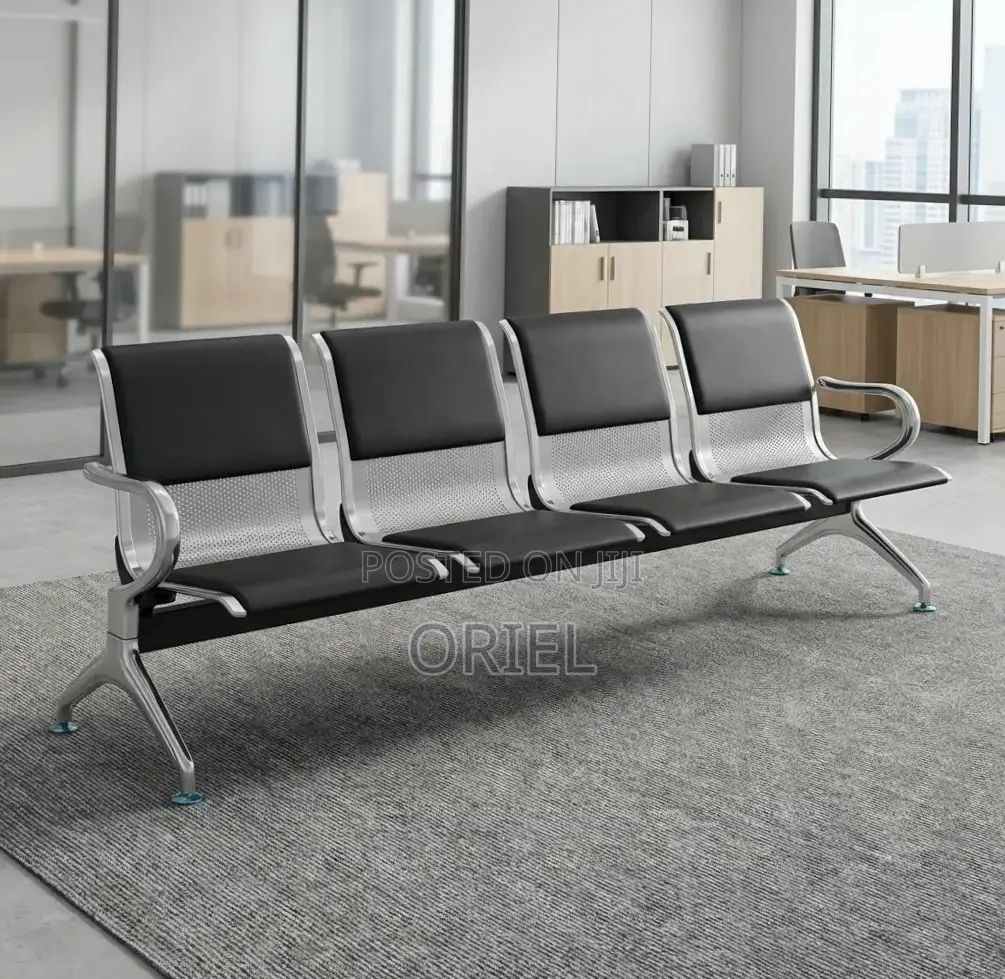 Office Bench : 4-Seater Waiting Black Leather Padded Office Bench