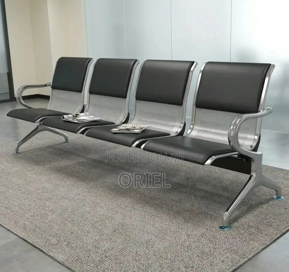 Office Bench : 4-Seater Waiting Black Leather Padded Office Bench