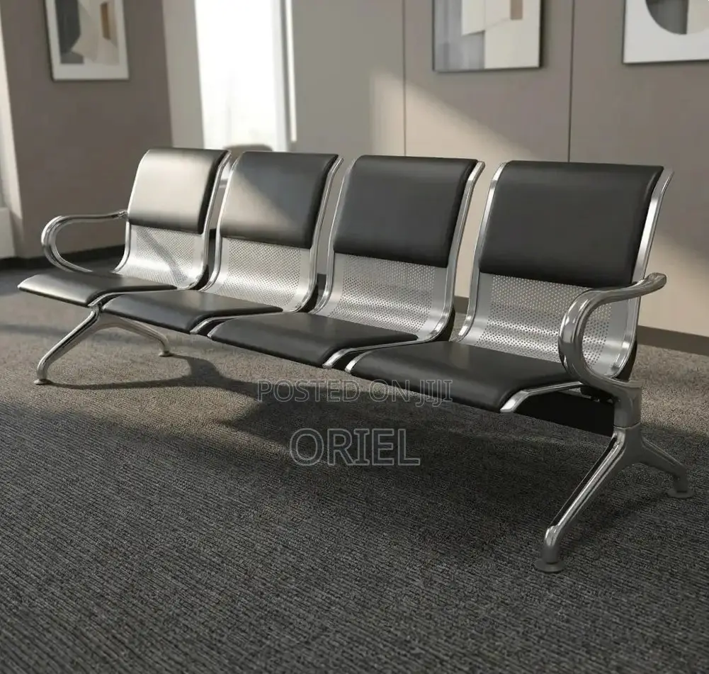Office Bench : 4-Seater Waiting Black Leather Padded Office Bench