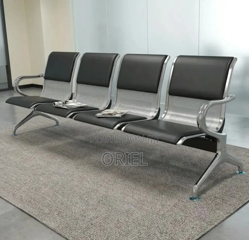 Office Bench : 4-Seater Waiting Black Leather Padded Office Bench