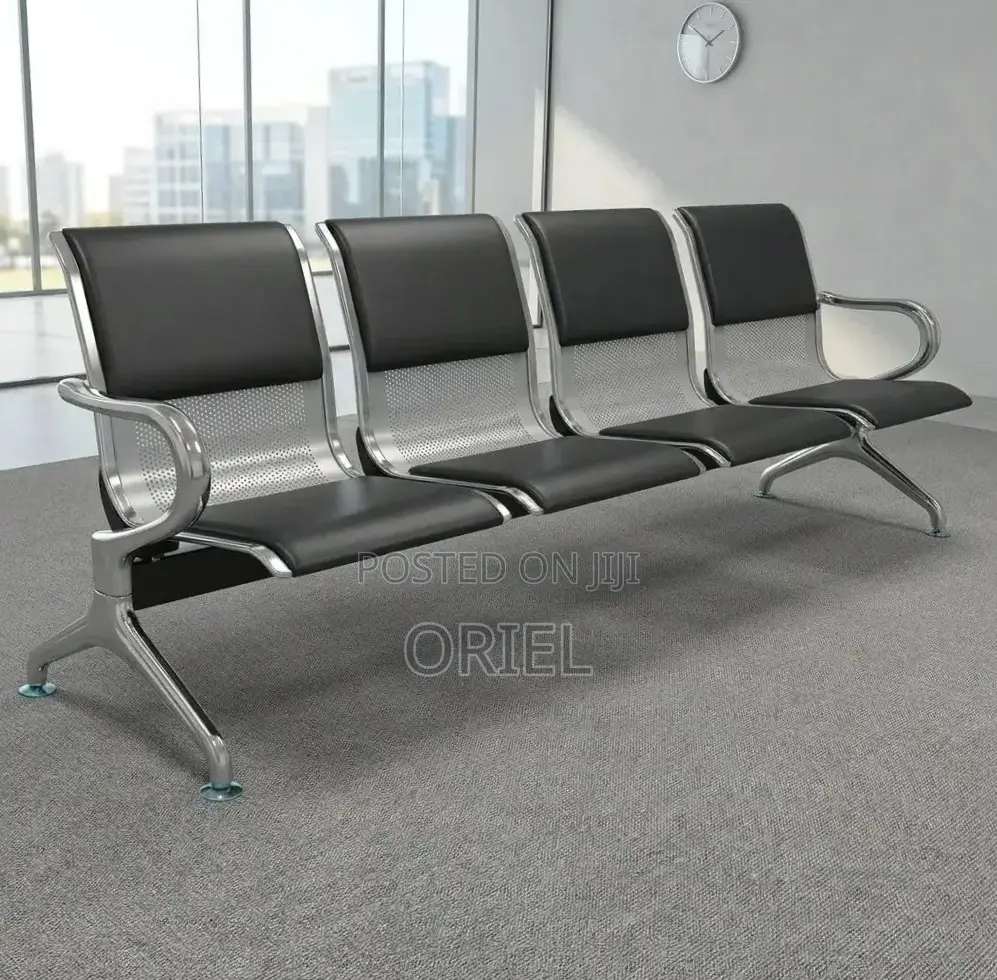 Office Bench : 4-Seater Waiting Black Leather Padded Office Bench
