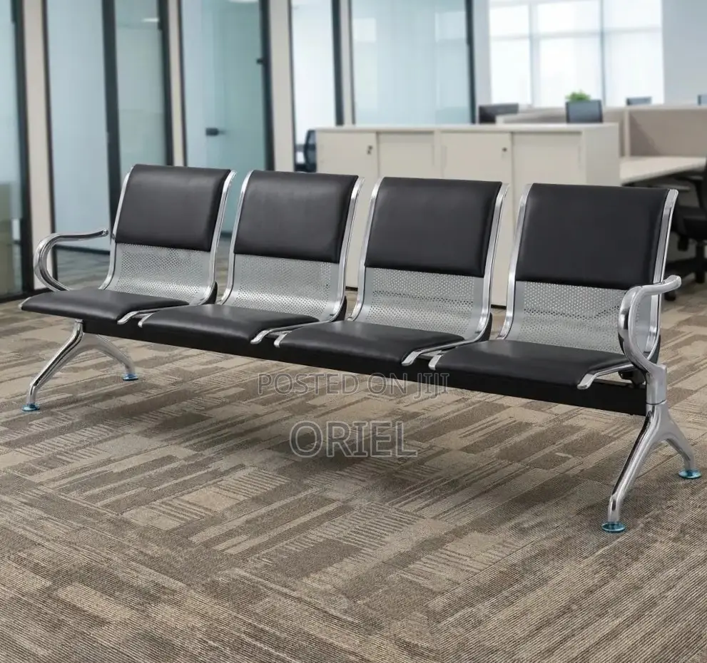 Office Bench : 4-Seater Waiting Black Leather Padded Office Bench