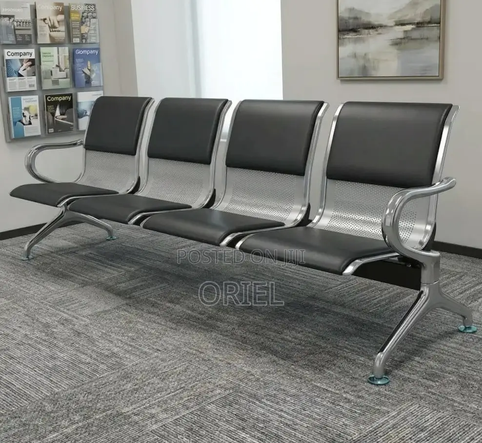 Office Bench : 4-Seater Waiting Black Leather Padded Office Bench
