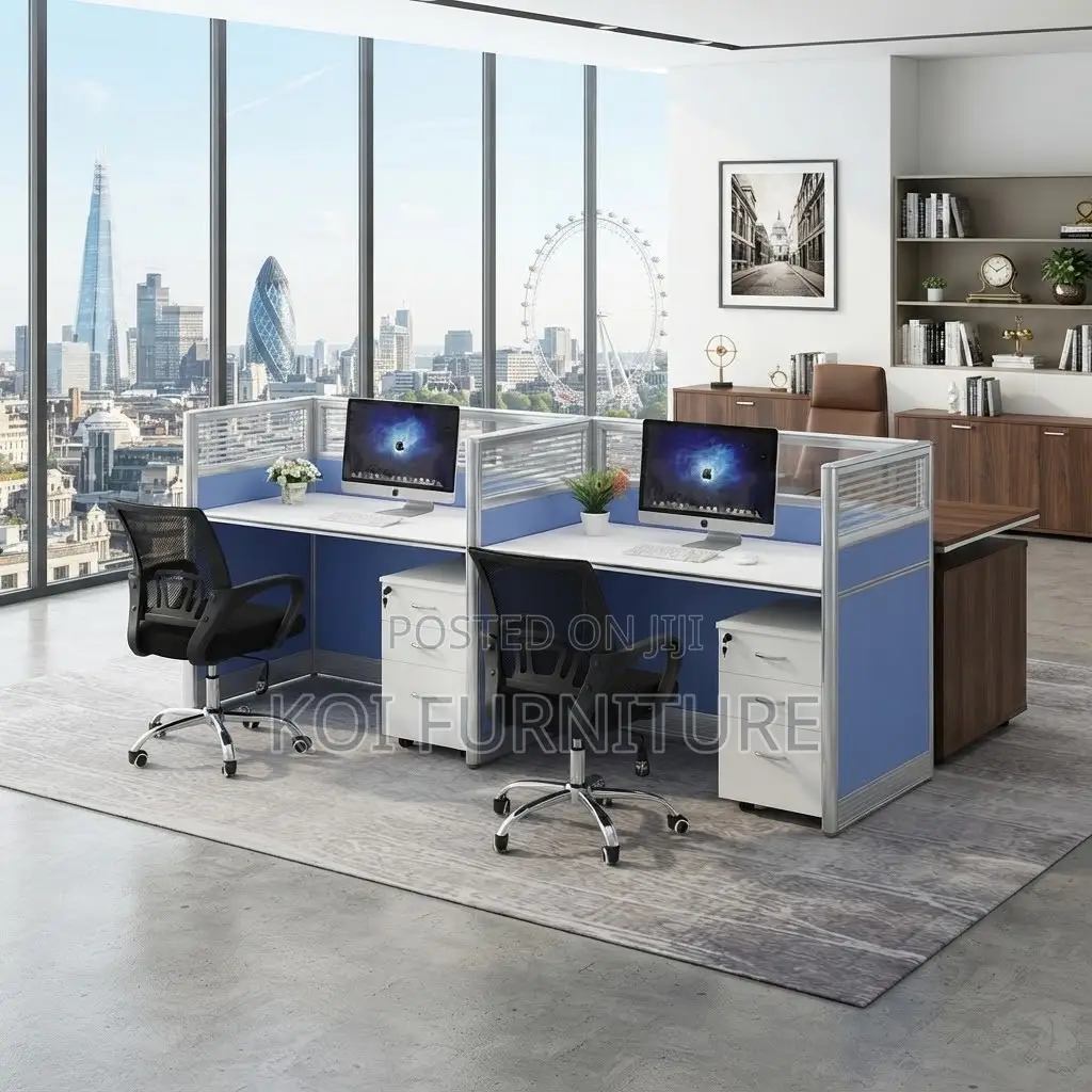Office Workstation; Straight Blue Made Two Users Workstations