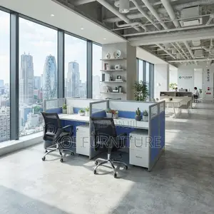 Office Workstation; Straight Blue Made Two Users Workstations