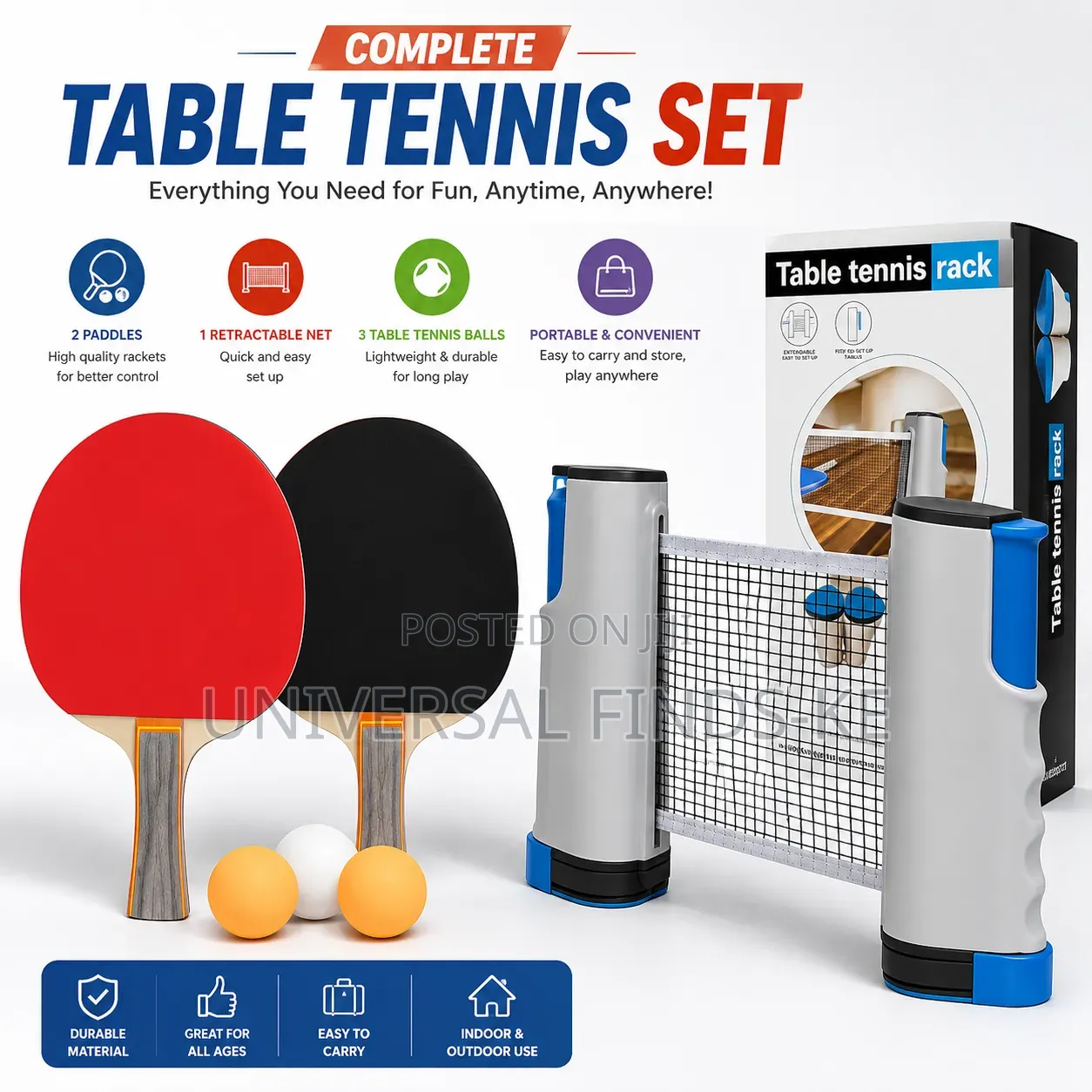 Portable Table Tennis Set – 2 Table Tennis Racket Net Ping Pong Ball