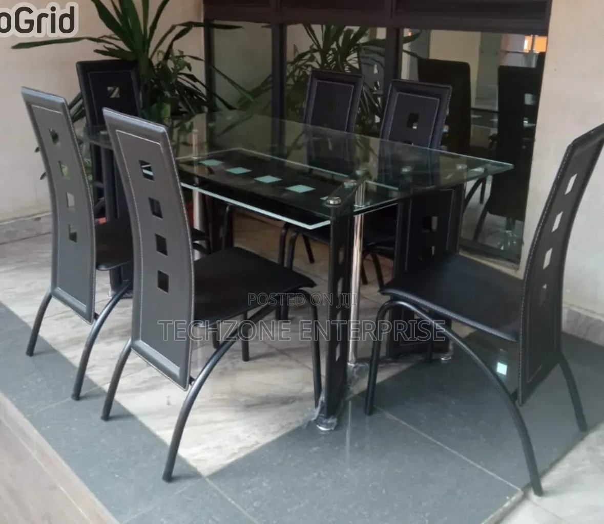 Executive 6 Sitter Glass Dinning Table  With Leather Seat, Black ,,