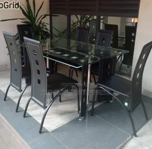 Executive 6 Sitter Glass Dinning Table  With Leather Seat, Black ,,