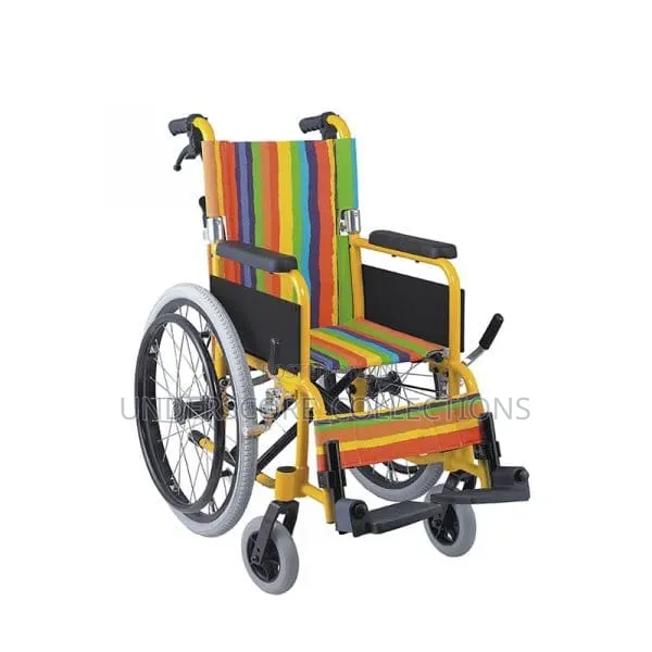 Pediatric Manual Wheelchair With a Colorful Rainbow-Striped Fabric