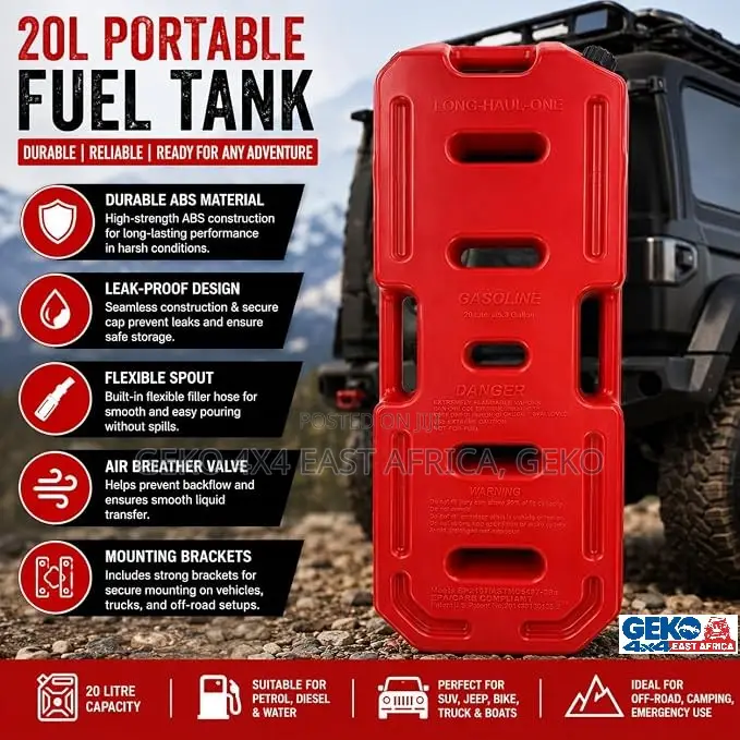 20L PORTABLE FUEL JERRY CAN With Sprout, Mounting Brackets, Lock & Key