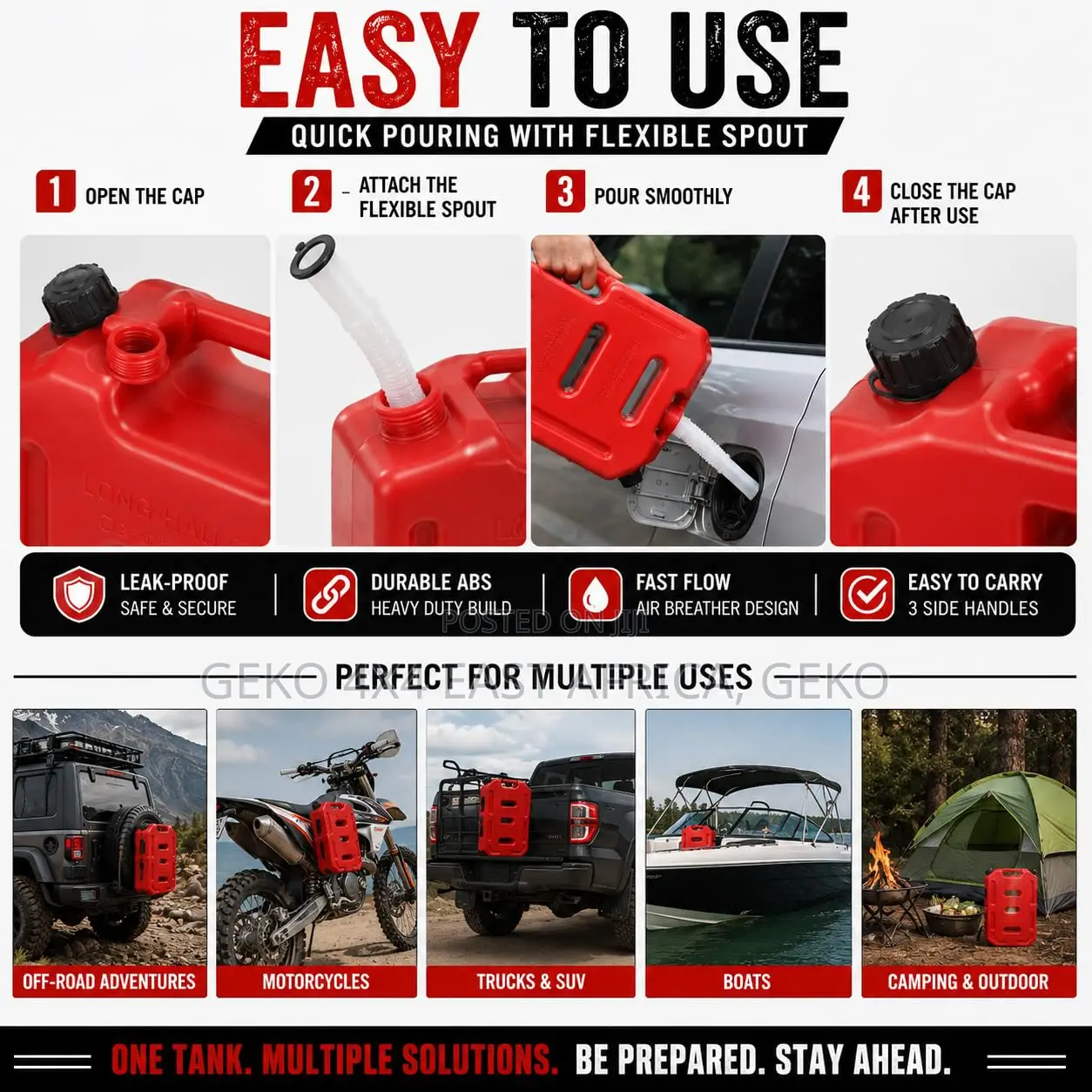 20L PORTABLE FUEL JERRY CAN With Sprout, Mounting Brackets, Lock & Key