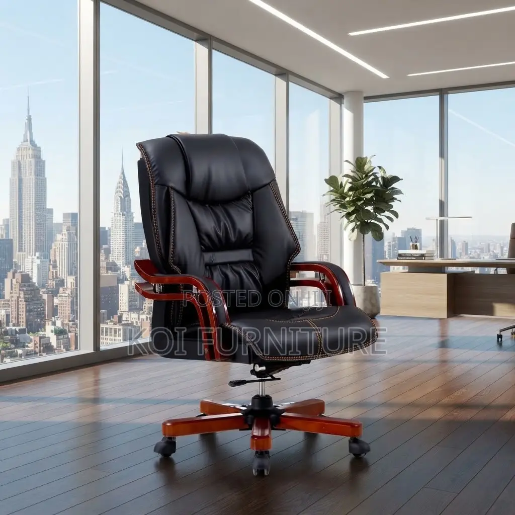Office Chairs; Executive Leather High Bacl Seat With Mahogany Armrests