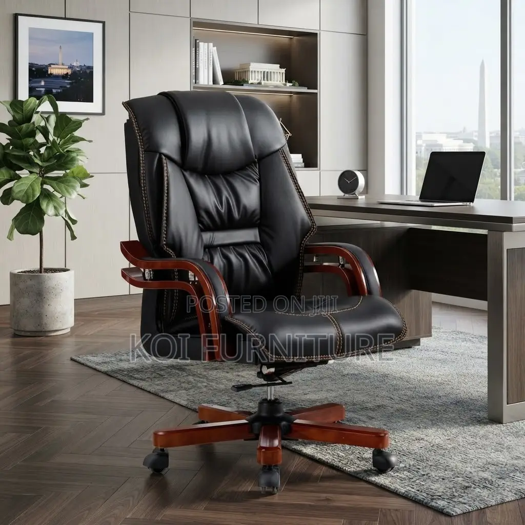 Office Chairs; Executive Leather High Bacl Seat With Mahogany Armrests