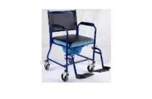 Blue Steel Commode Wheelchair With a Padded Seat, Backrest