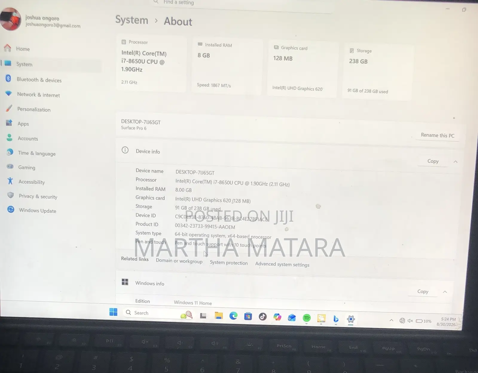 Laptop Microsoft Surface Pro 6 8GB Intel Core i7 SSD 256GB