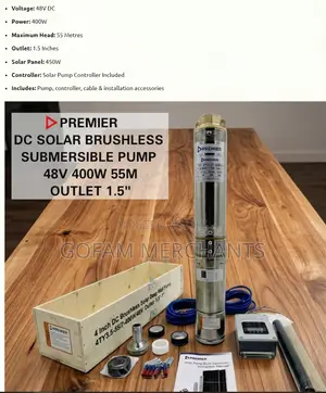 Premier 400W Solar Brushless Submersible Pump–55M Head 1.5 Inch Outlet